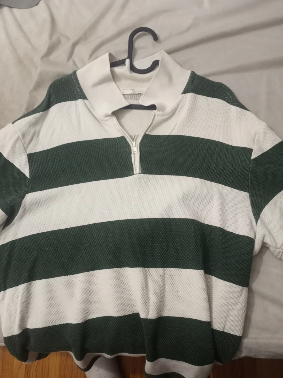 Green and White Striped Polo Shirt