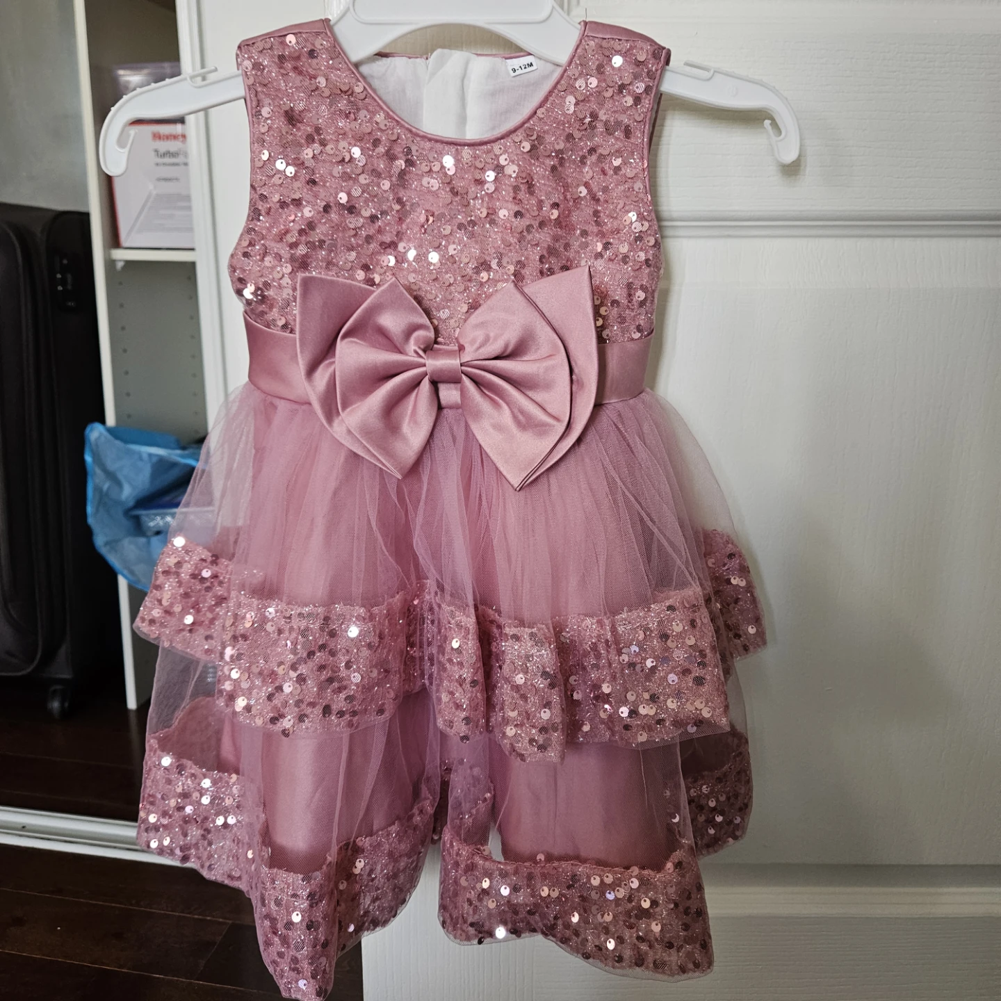 New Pink Sequin Tulle Dress with Bow
