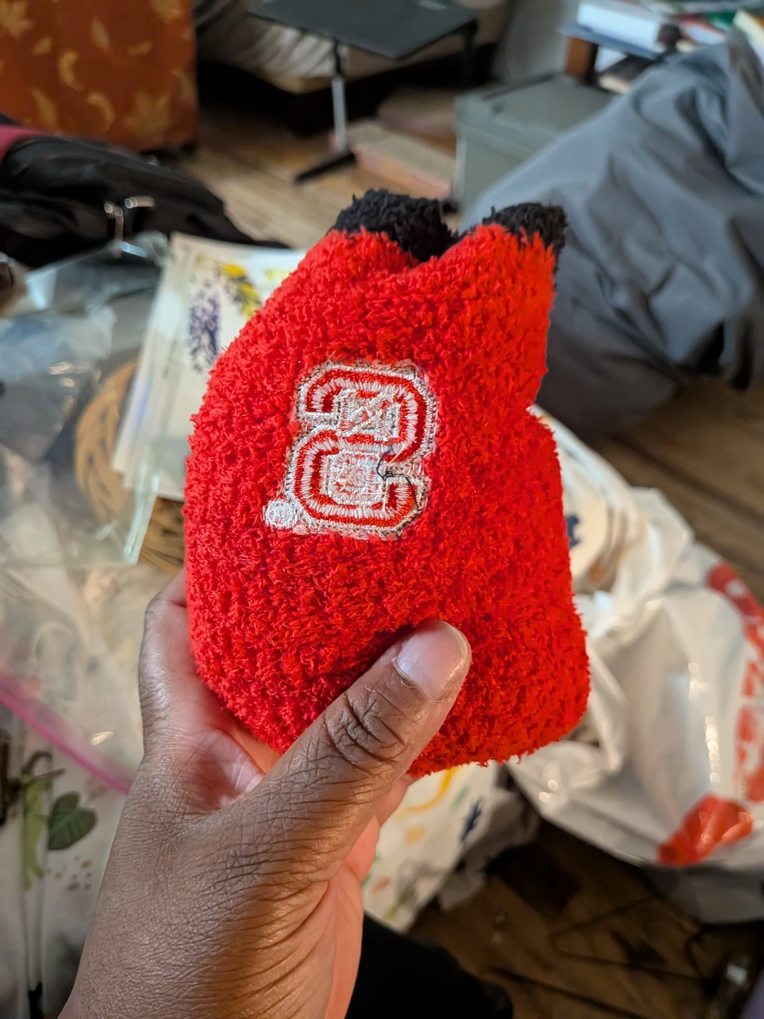 Red Fuzzy Socks with NC State Logo
