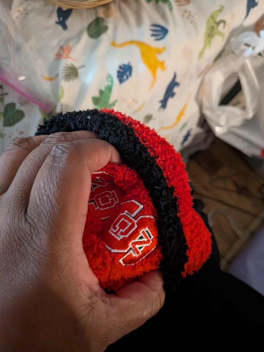 Red Fuzzy Socks with NC State Logo - photo 2