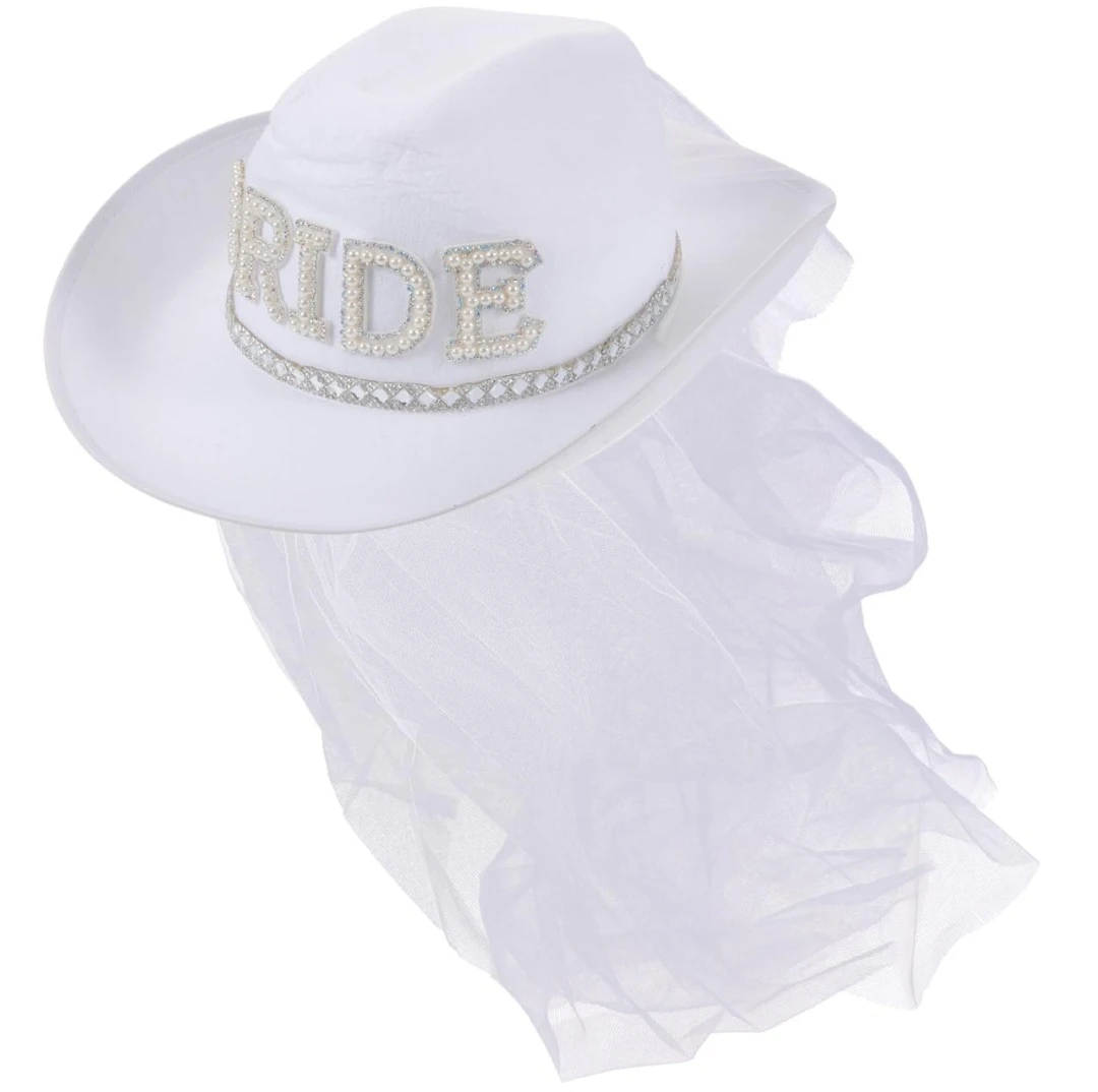 White Bride Cowboy Hat with Veil