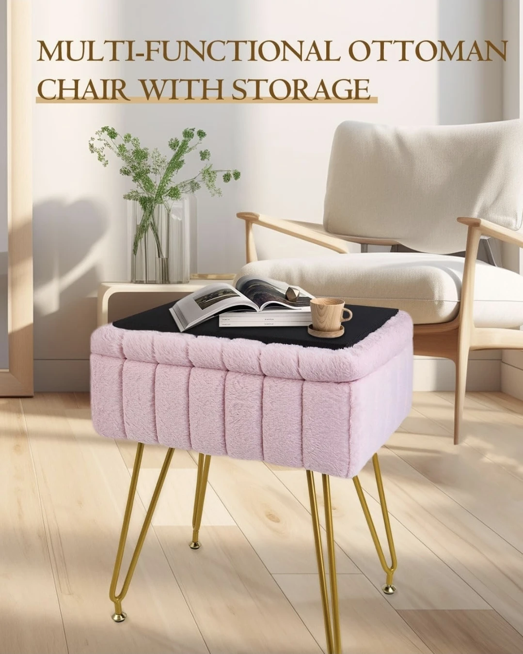 Pink Faux Fur Storage Ottoman Footstool - photo 3