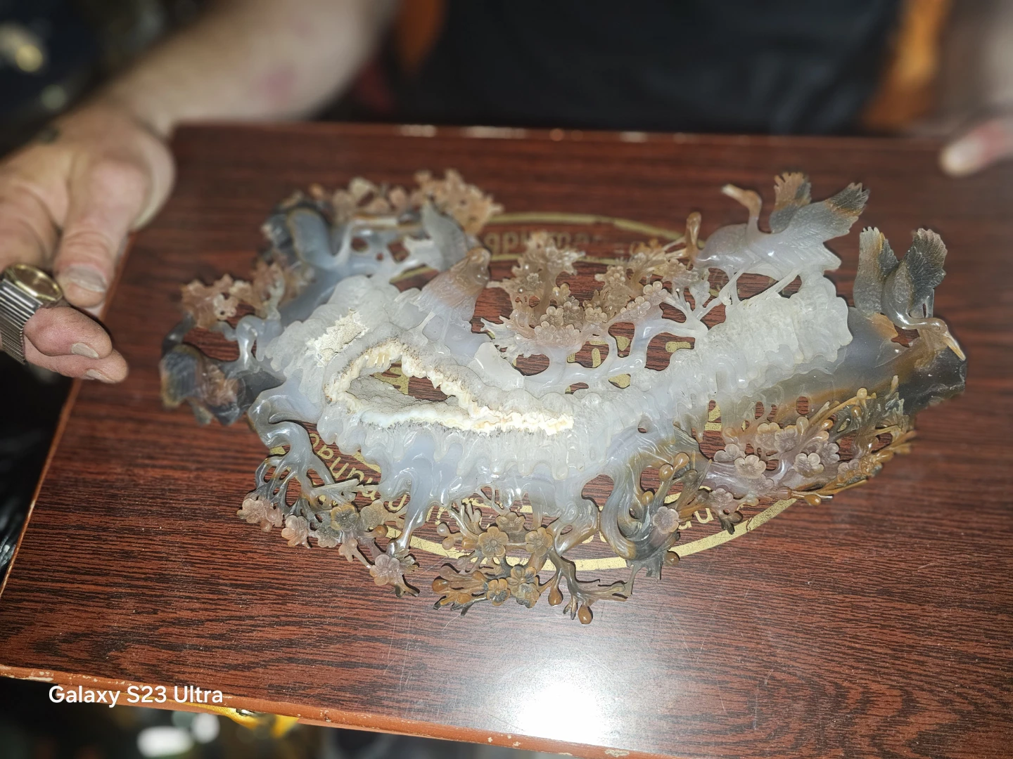 Carved Agate Geode Sculpture with Cranes and Blossoms - photo 2