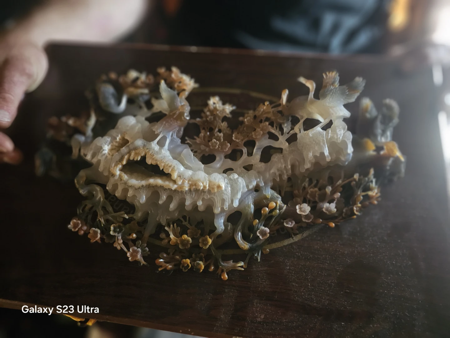 Carved Agate Geode Sculpture with Cranes and Blossoms - photo 4