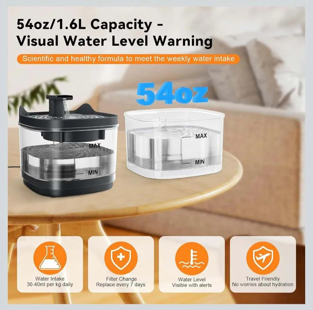 Pet Water Fountain 54oz/1.6L with Visual Water Level Warning - photo 5