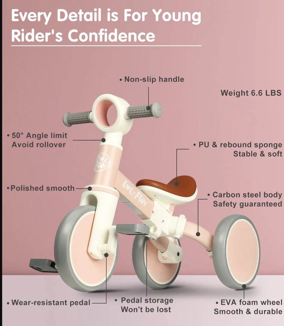LOL-FUN 4-in-1 Toddler Bike Tricycle Balance Bike Pink - photo 2