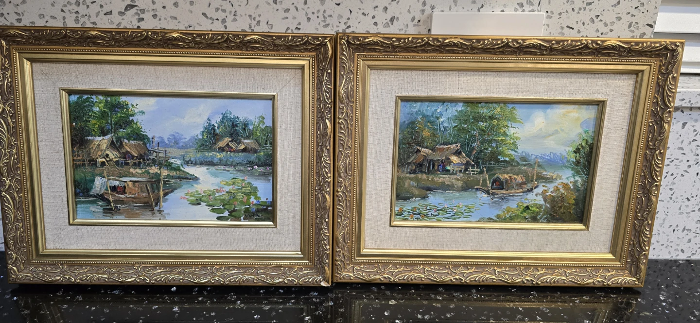 Vintage Mid-Century Asian Oil Paintings - Framed, 1960s.