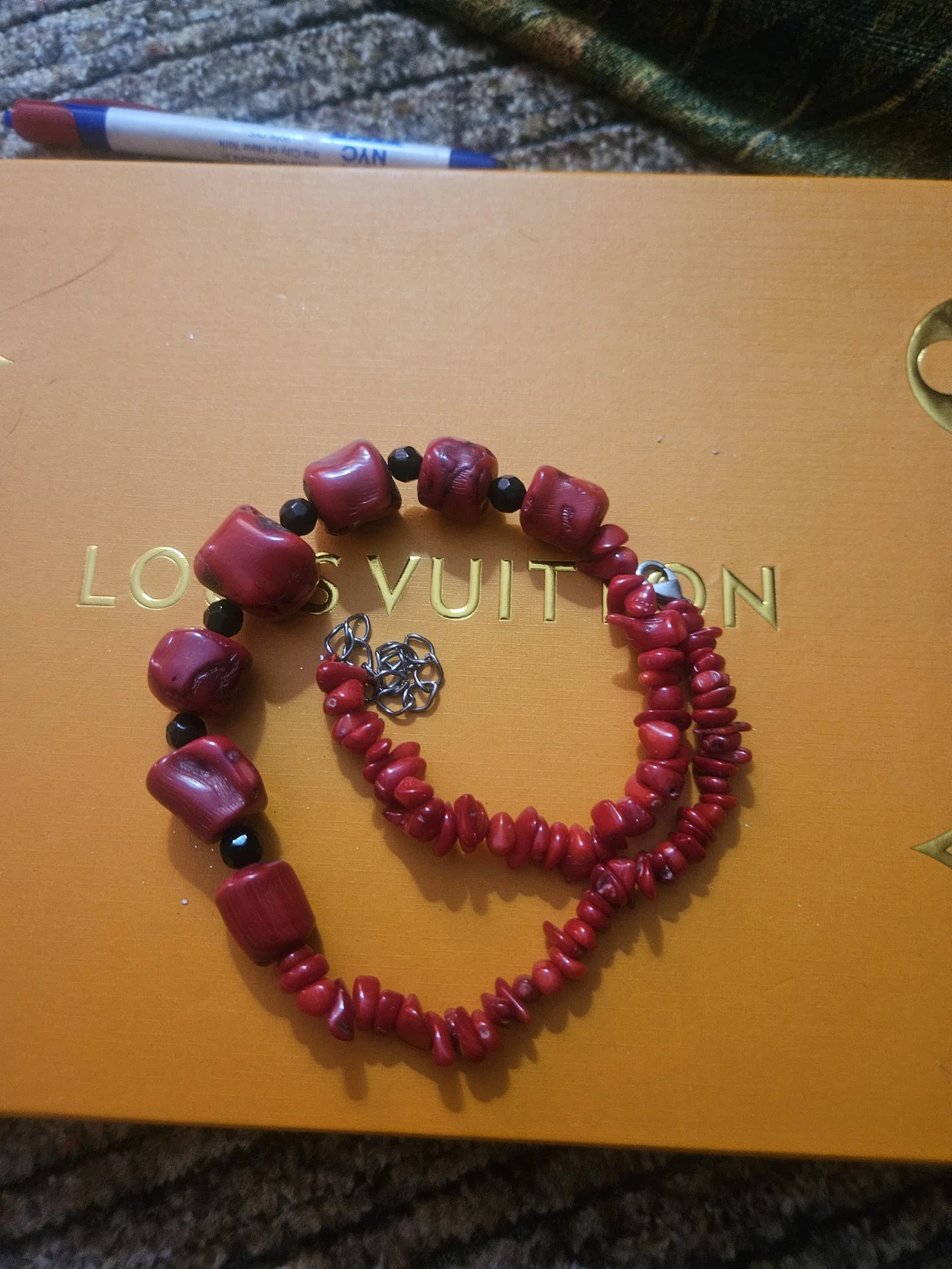 Chunky blood Red Coral  Stone  Necklace 21"L