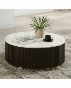 Round Faux Marble Coffee Table with Fluted Base