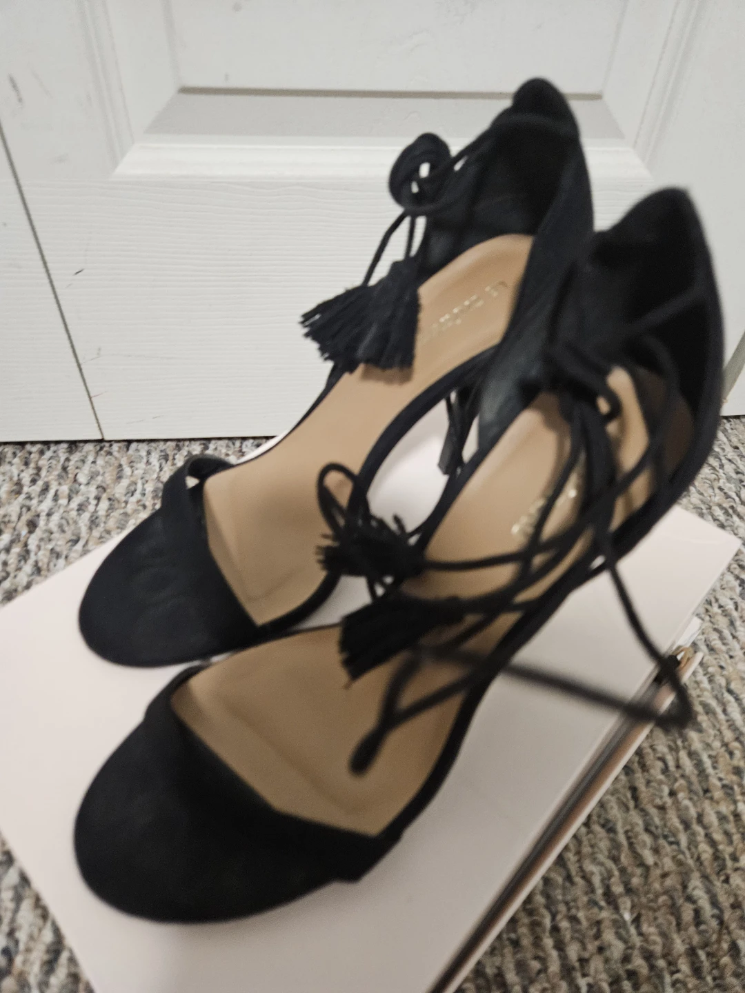 Black Suede High Heel Sandals with Tassels 39