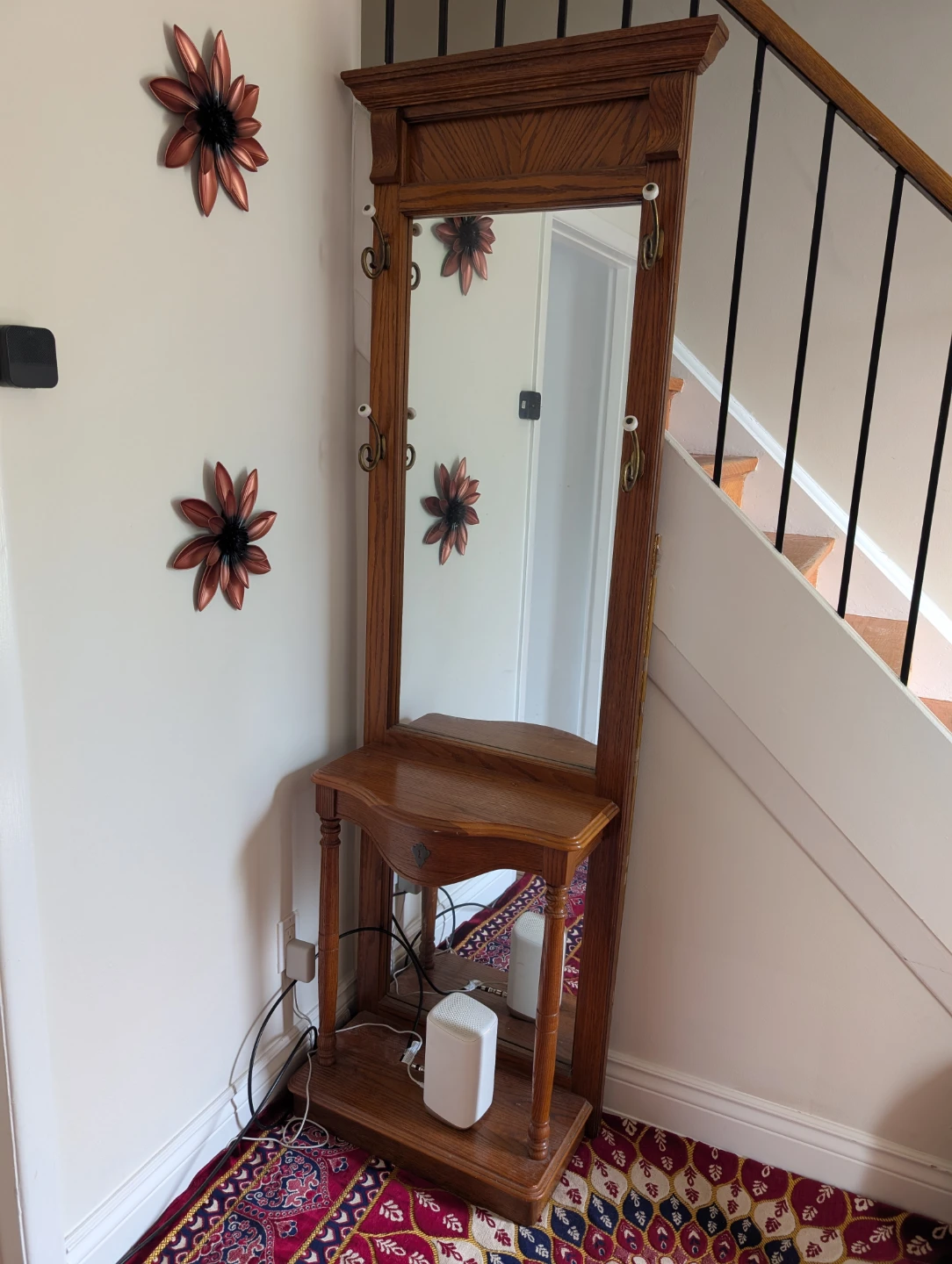 Multi-Functional Wooden Mirror Vanity with Four Side Hooks - photo 2