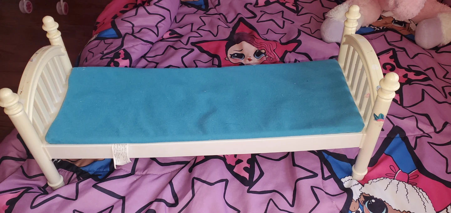 White Doll Bed with Blue Mattress