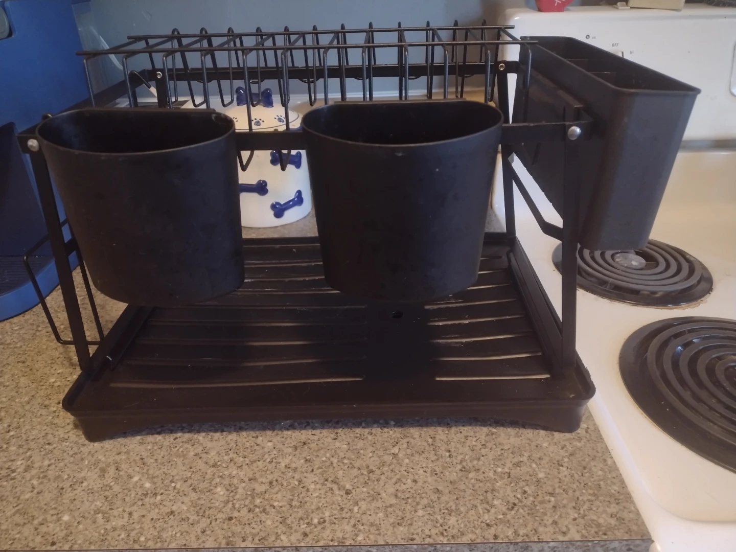 2 Tier Black Metal Dish Rack with Utensil Holders