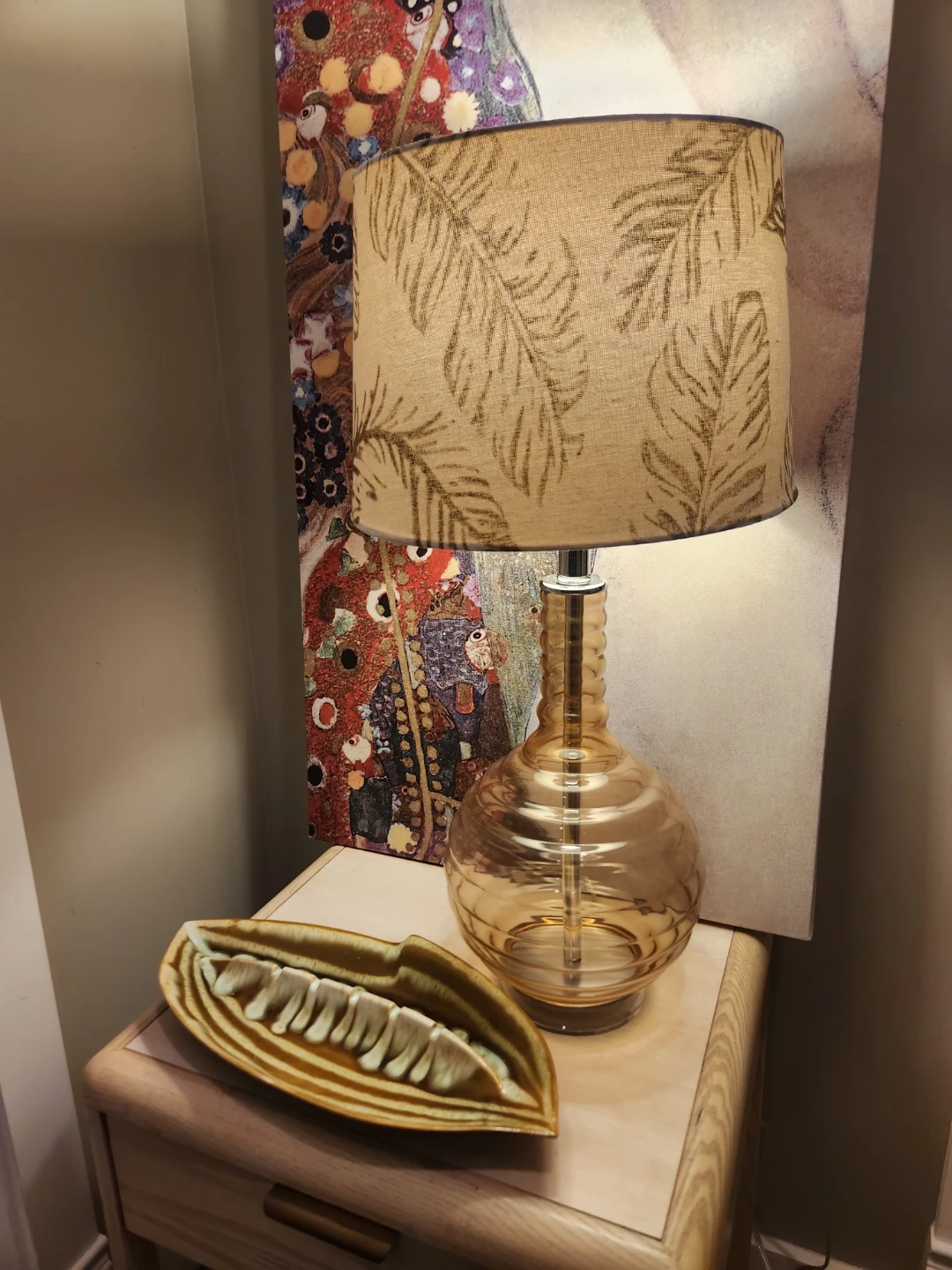 Amber Glass tri light Table Lamp with Feathered Shade