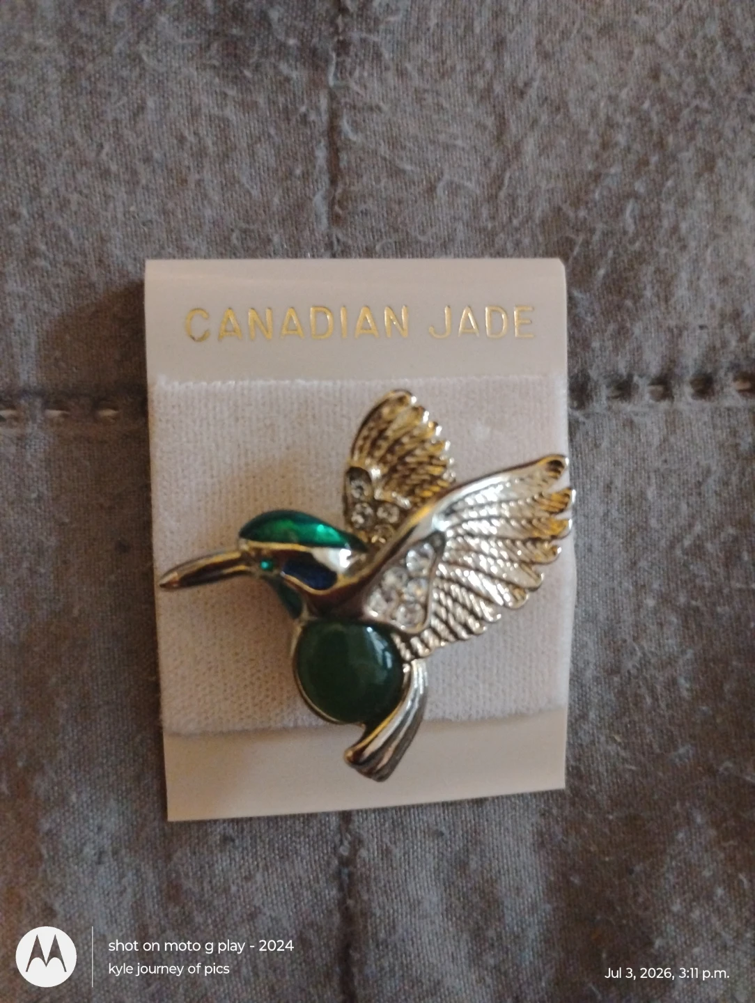 Canadian Jade Hummingbird Brooch with Crystals