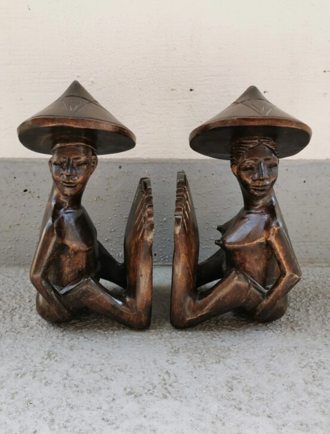 Vintage Hand Carved Wooden Figural Bookends Folk Art