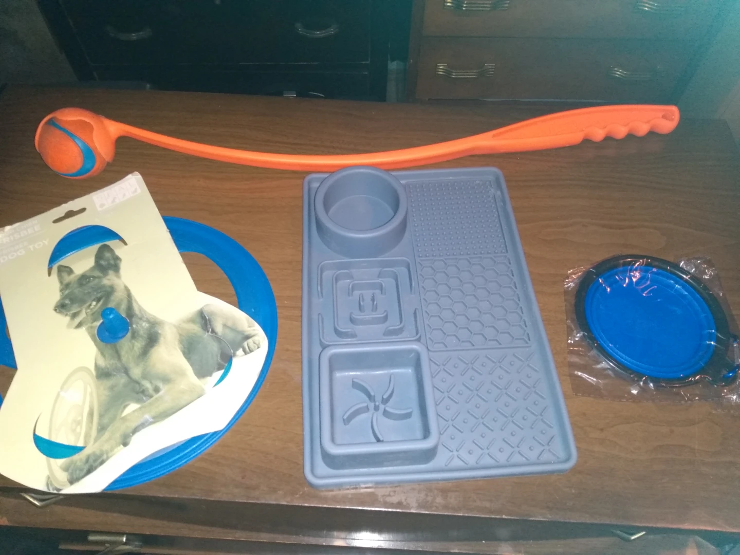 Dog food mat, drinking bowl, toys
