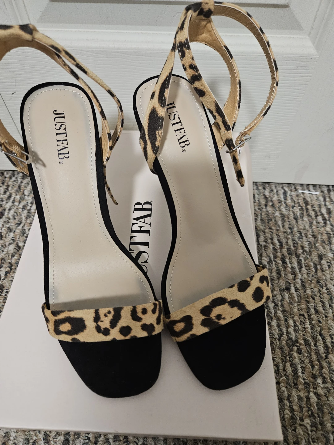 JUSTFAB Black Leopard Print Heeled Sandals