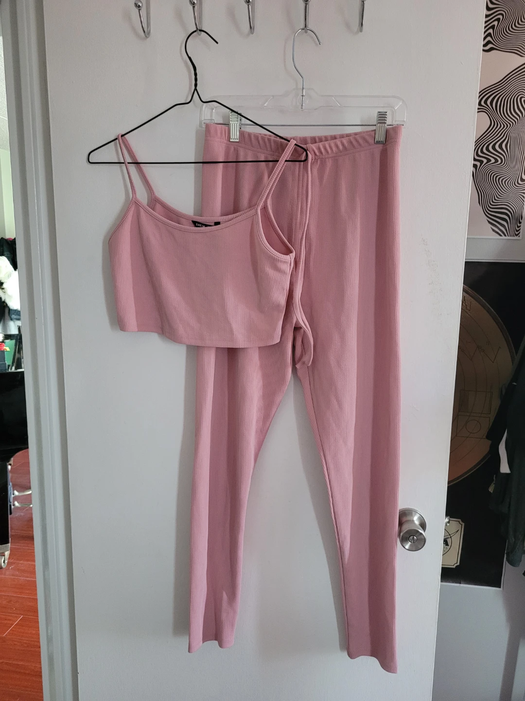 Pink ribbed crop top and leggings set