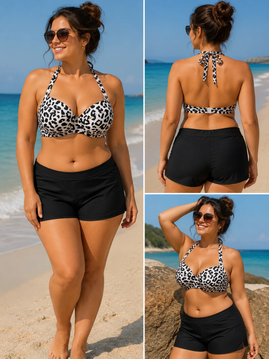 Women's Leopard Print Halter Swimsuit with Black Shorts