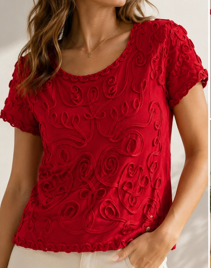 Purificacion Garcia Red Embellished Short Sleeve Top