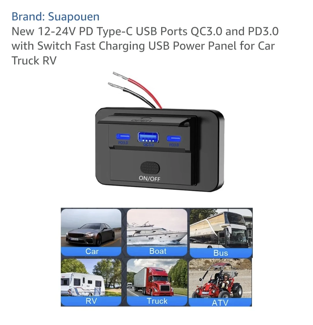 Suapouen 12-24V USB PD Type-C QC3.0 Fast Charging Power Panel
