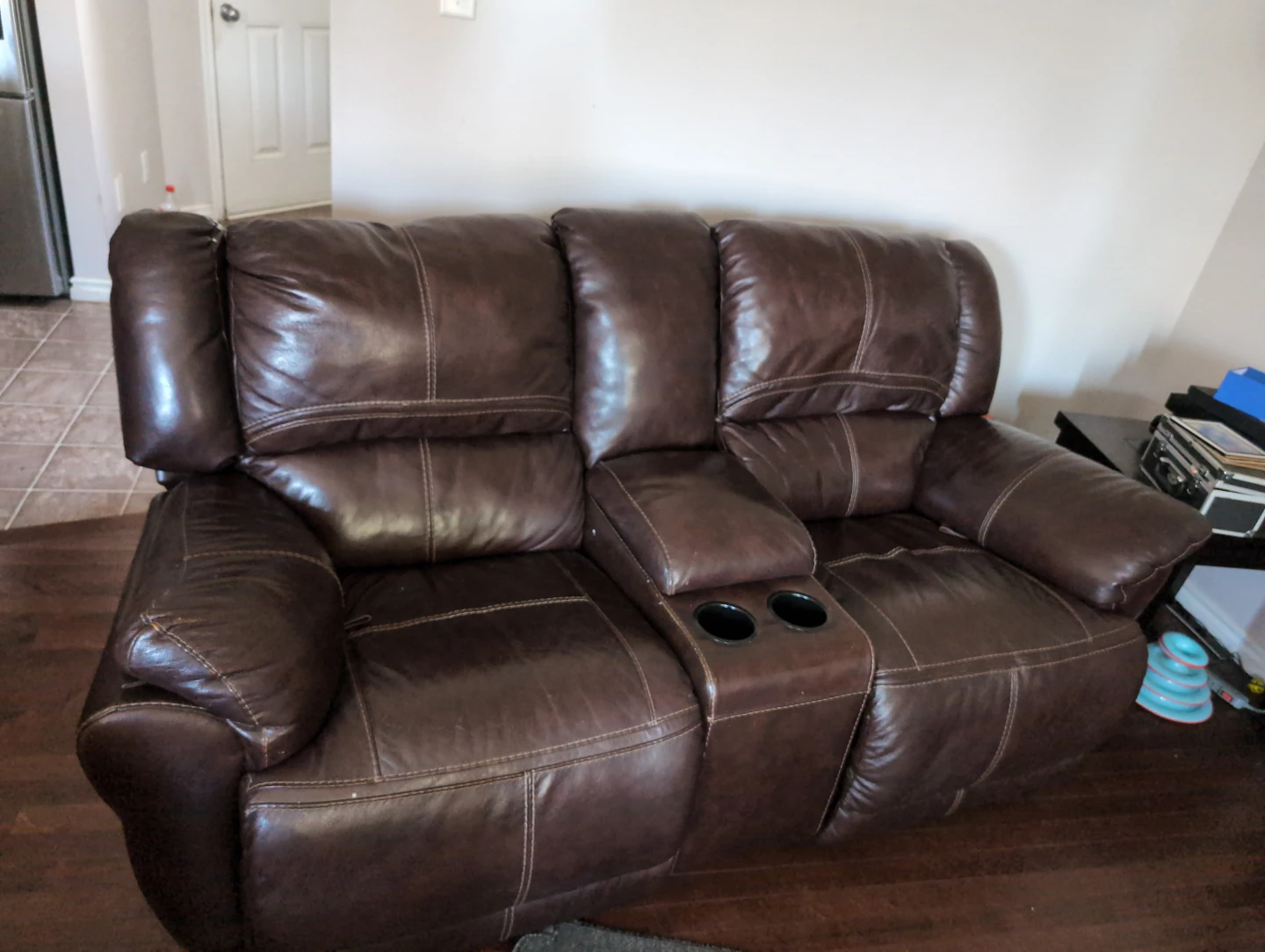 Brown Leather Loveseat Recliner with Cup Holders