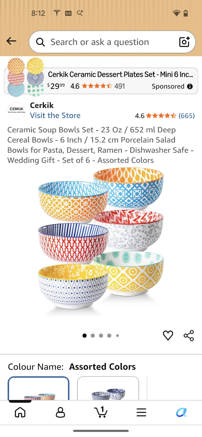 Cerkik Ceramic Soup Bowls Set - 6 Assorted Colors