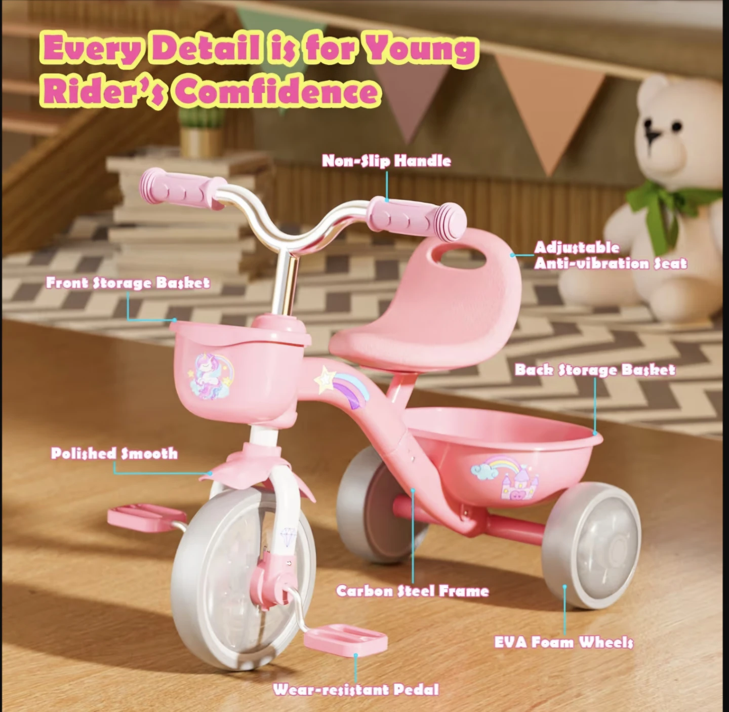 Pink Kids Tricycle with Storage Baskets - photo 2