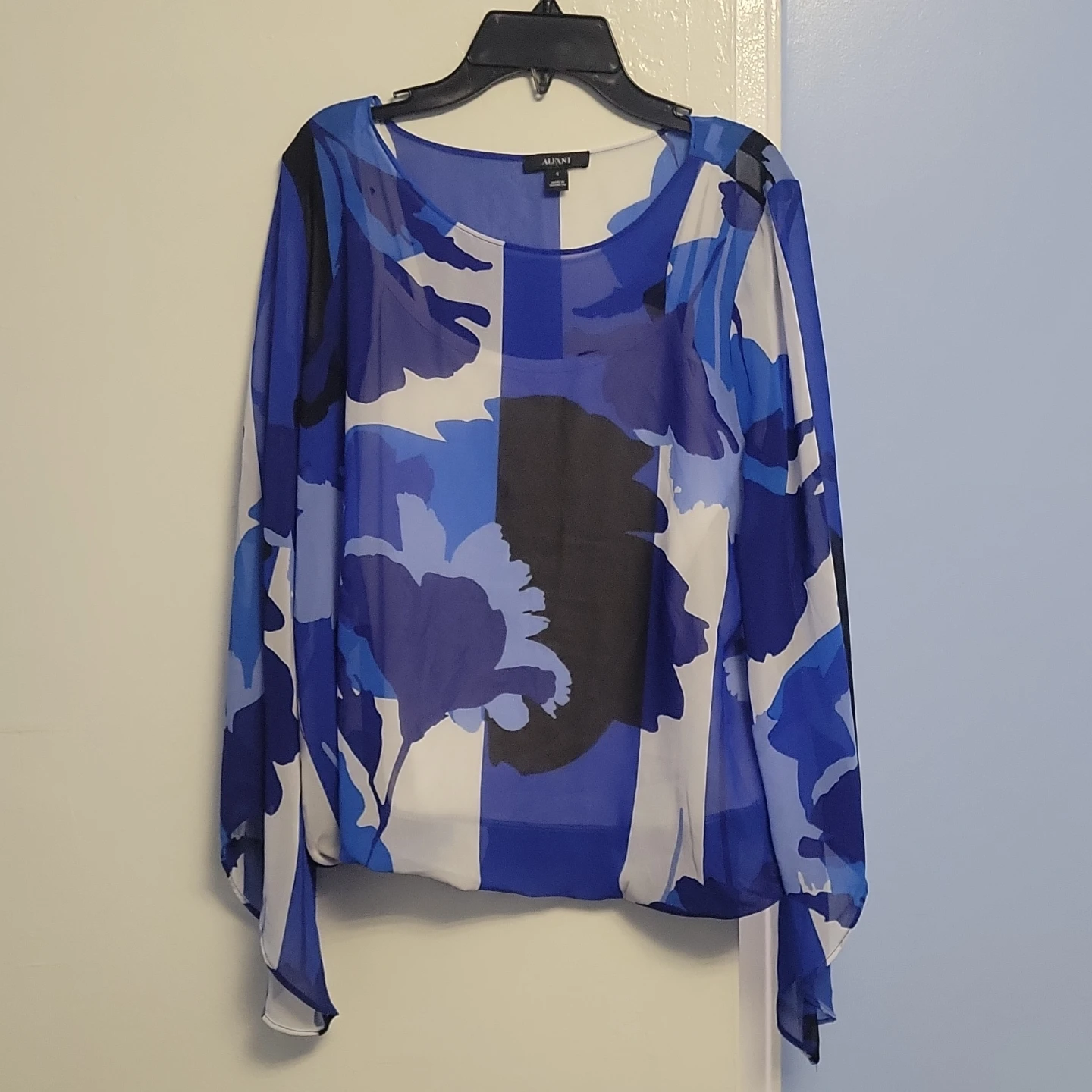 Alfani Blue Floral Print Sheer Blouse Size S