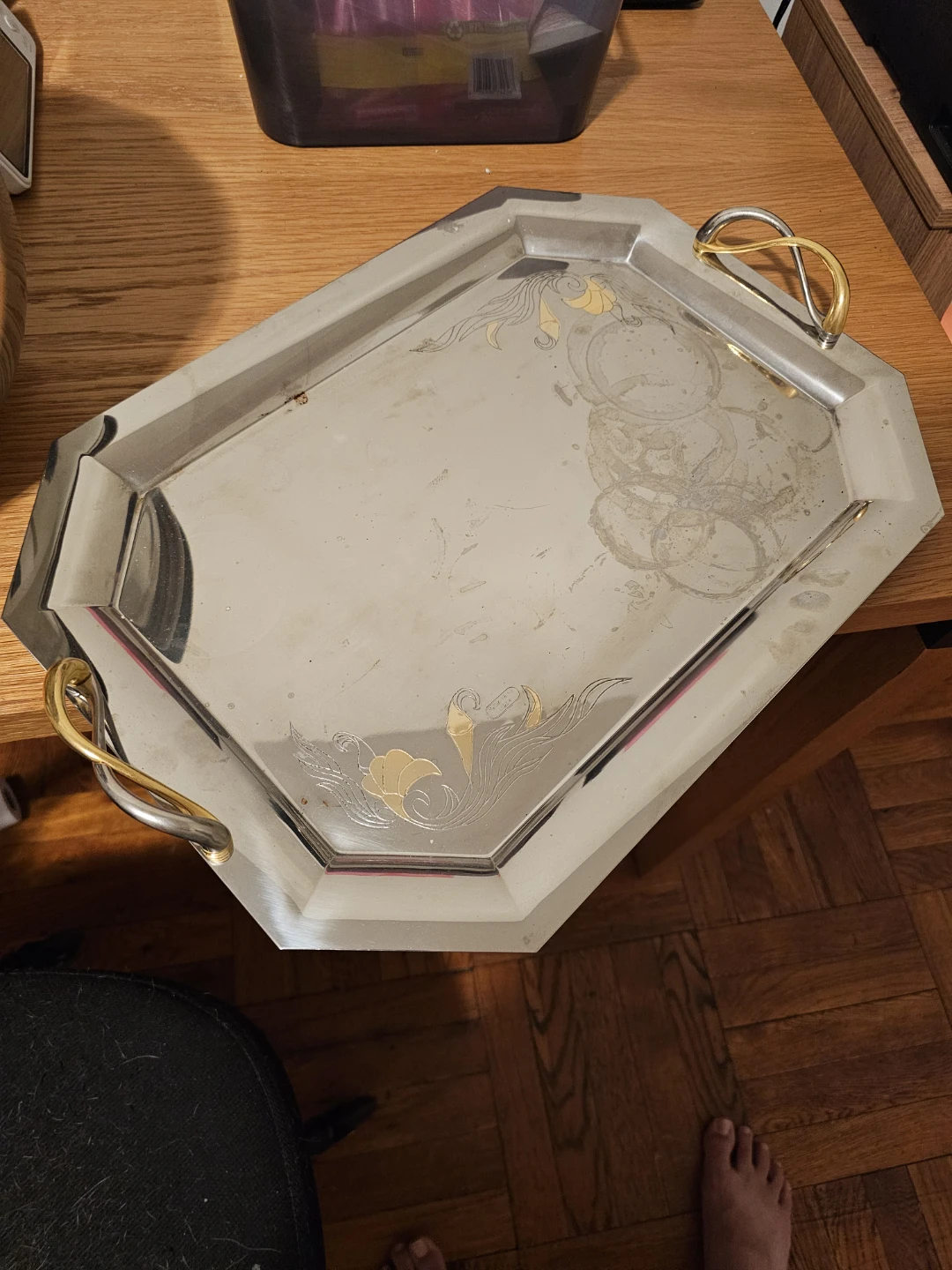 Vintage Silver Plated Serving Tray with Gold Accents