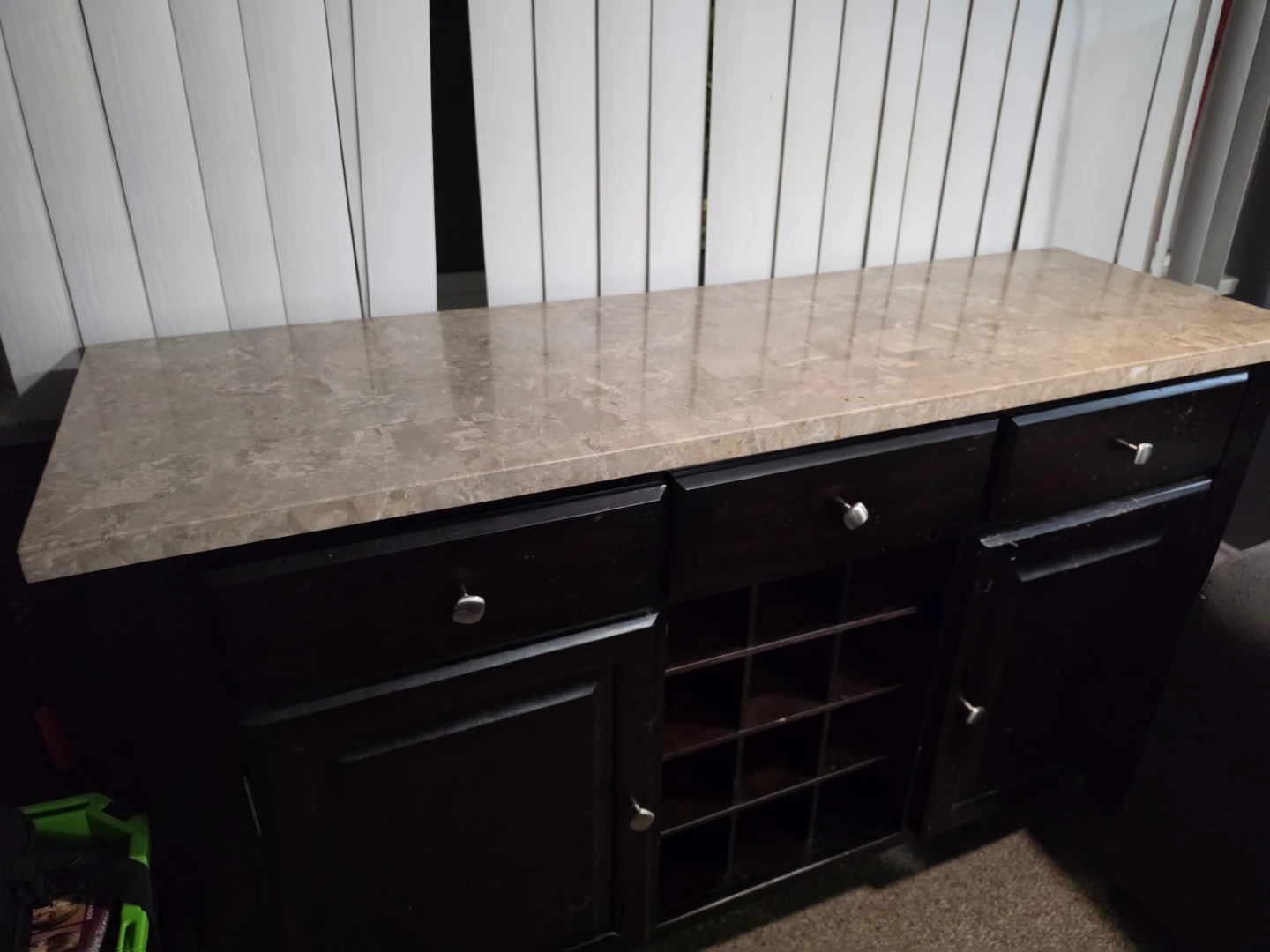 Dark Wood Buffet with Wine Rack and marble kitchen table