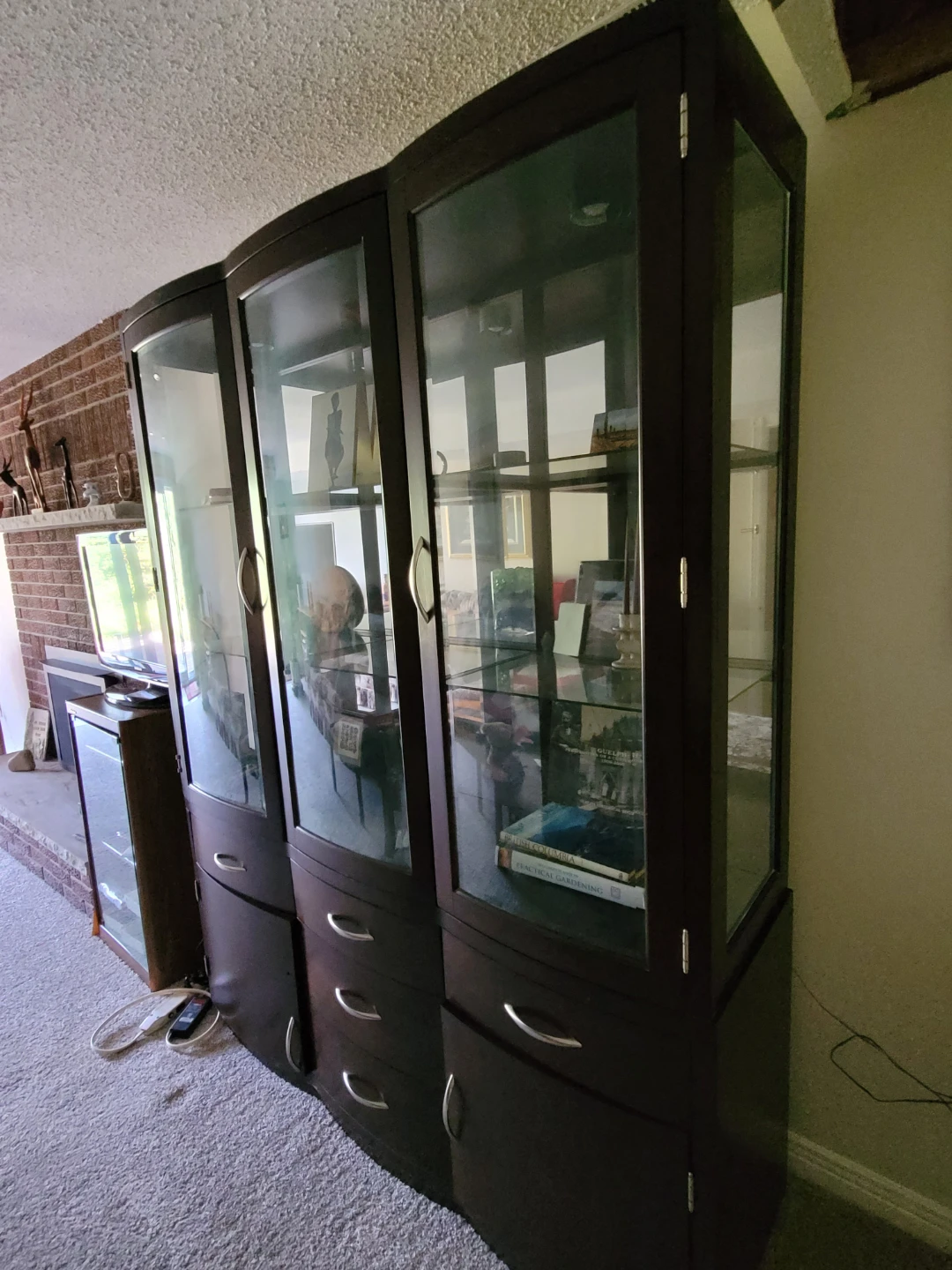 Dark Wood Display Cabinet with Glass Doors and Drawers - photo 2