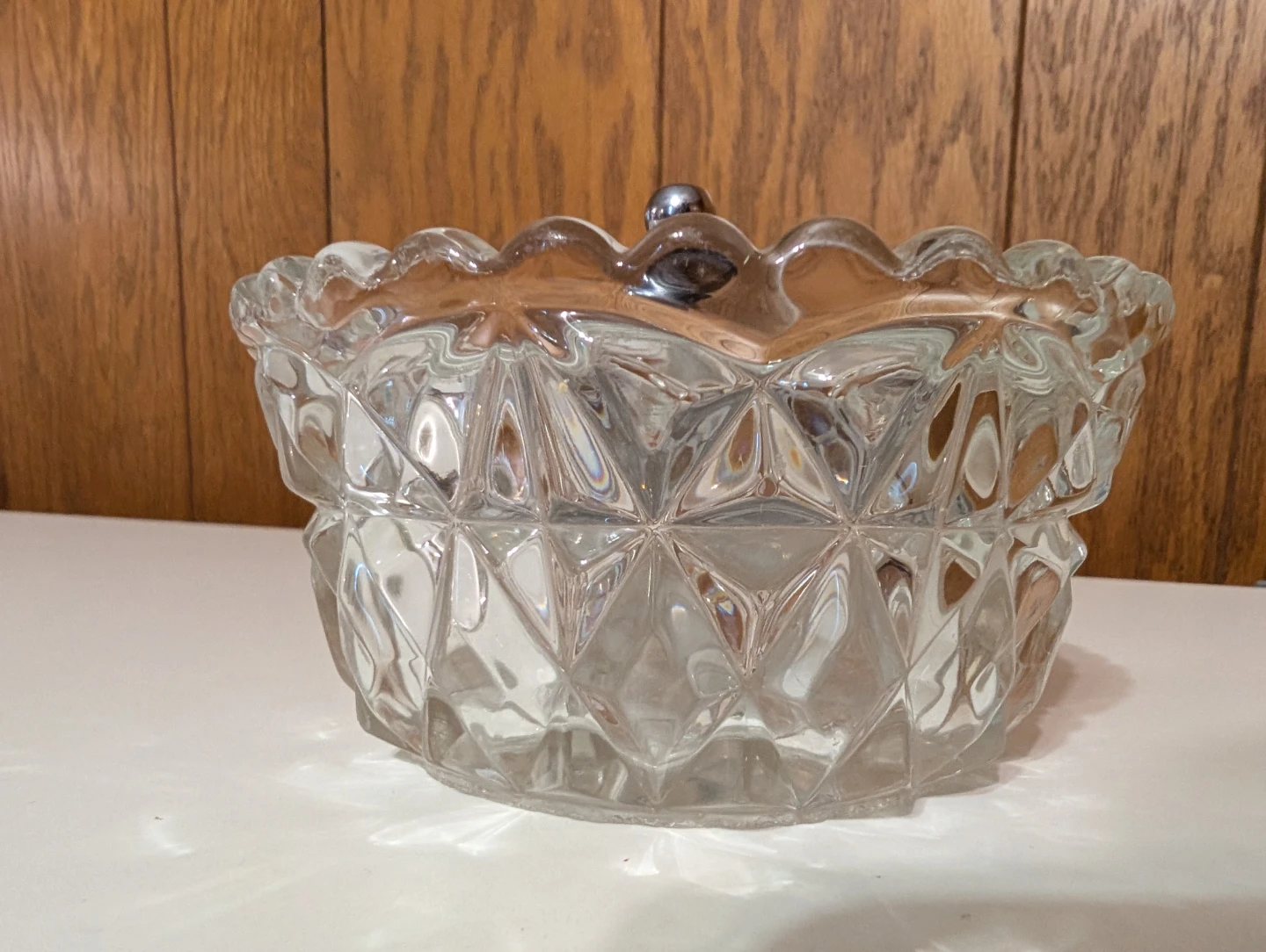 Vintage Diamond Cut Glass Sugar Bowl with Metal Lid