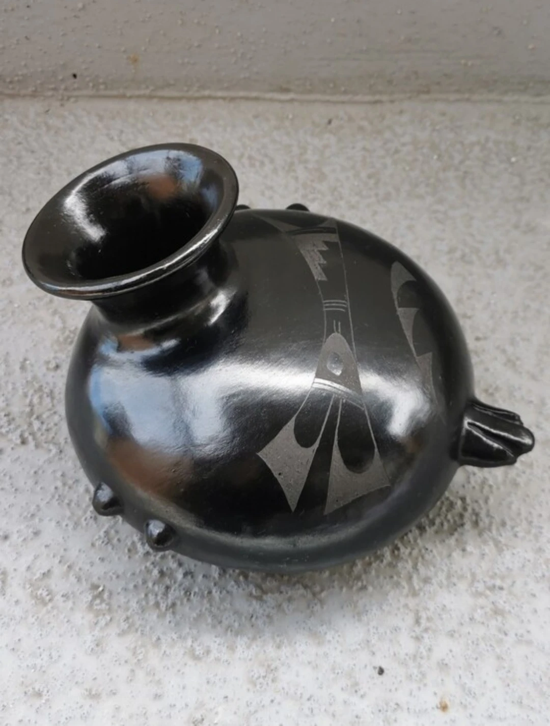 Vintage Handmade Signed Mexican Black Pottery Bird Vase