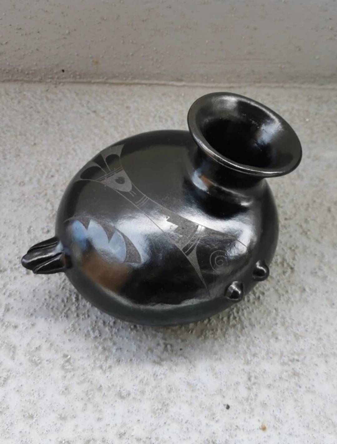 Vintage Handmade Signed Mexican Black Pottery Bird Vase - photo 3