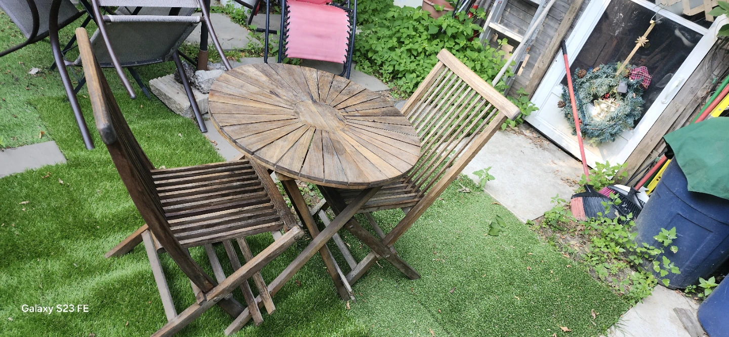 Wooden Bistro Set - Table and Chairs is foldable. .  Price firm - photo 3