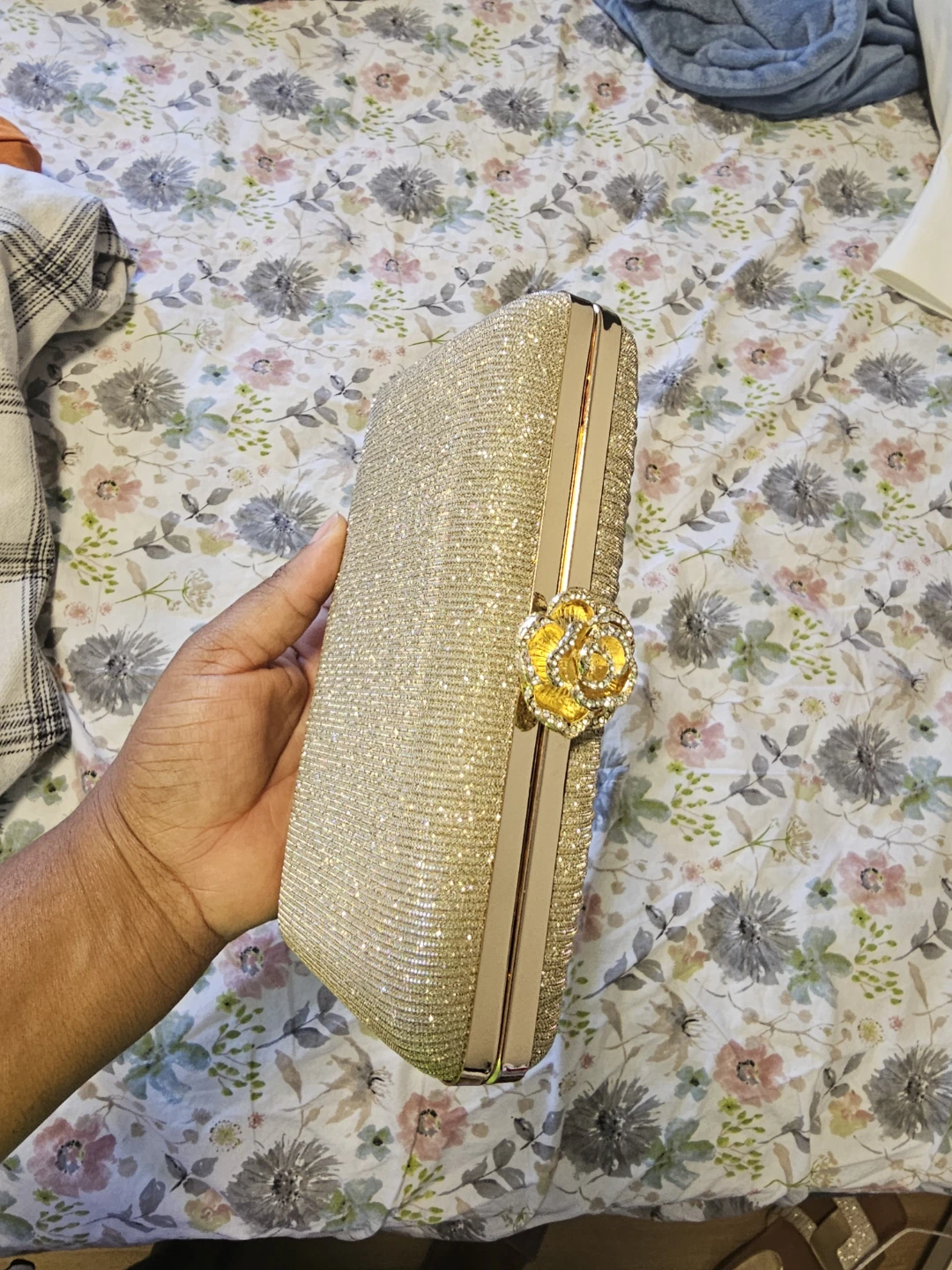 Gold Sparkly Clutch Bag with Flower Embellishment