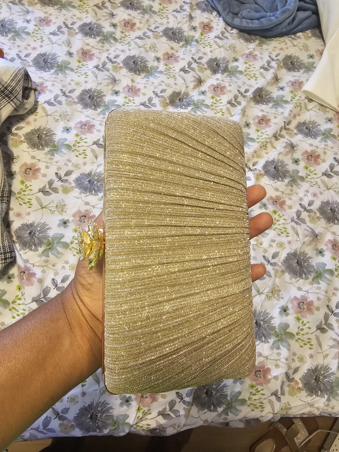 Gold Sparkly Clutch Bag with Flower Embellishment - photo 2
