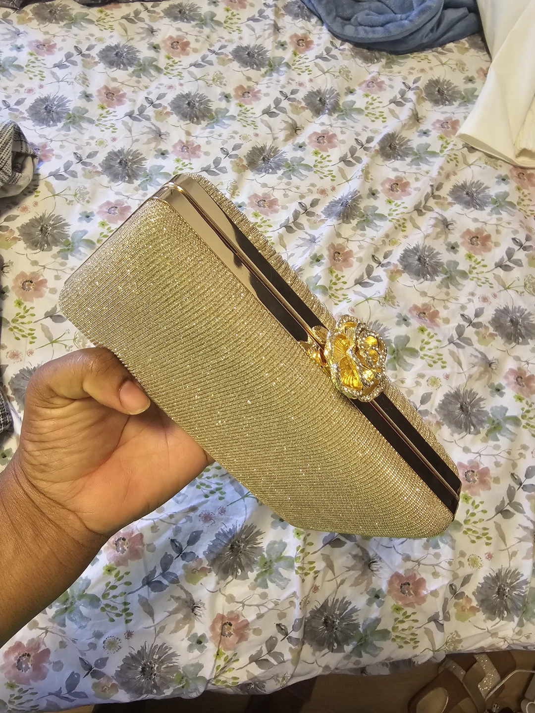 Gold Sparkly Clutch Bag with Flower Embellishment - photo 4