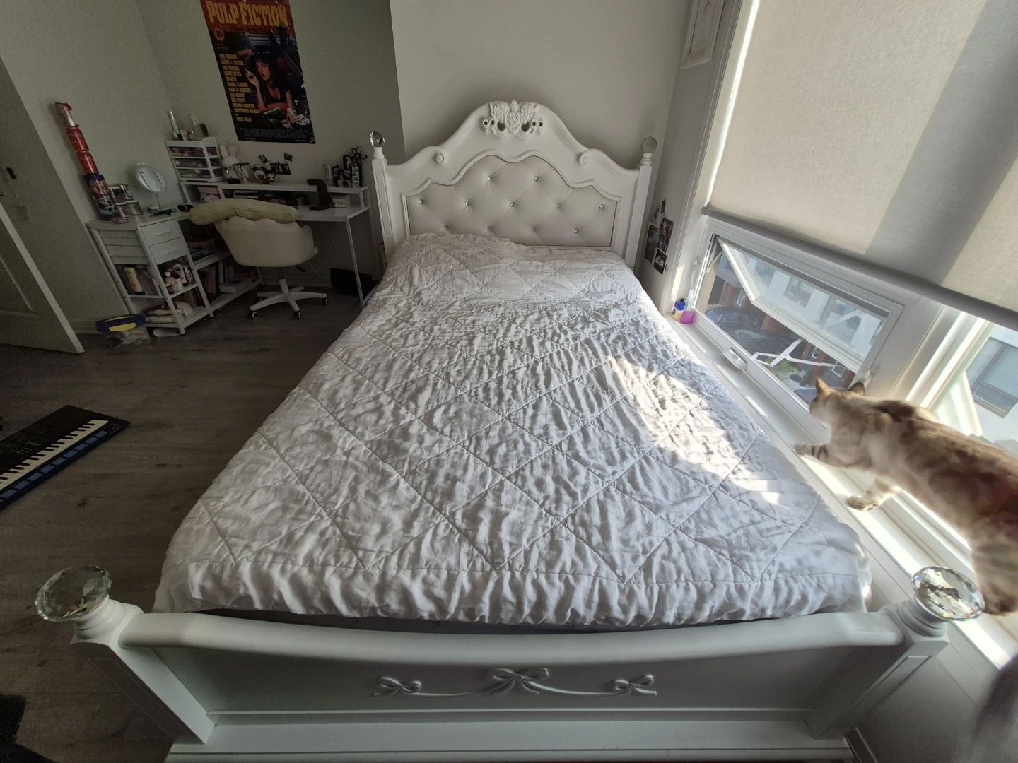 White Tufted Headboard Bed Frame with Crystal Accents - photo 2