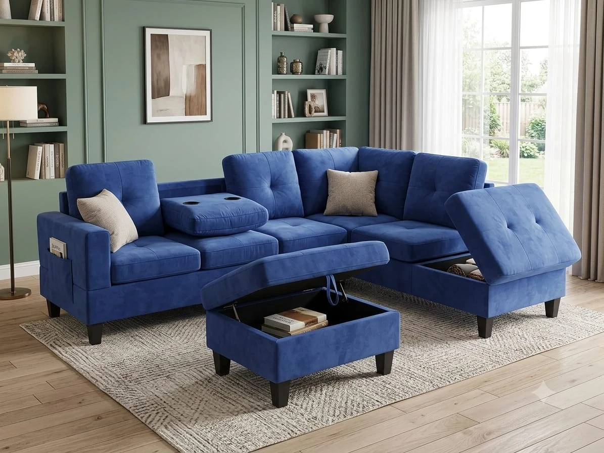 Blue Sectional Sofa with Storage