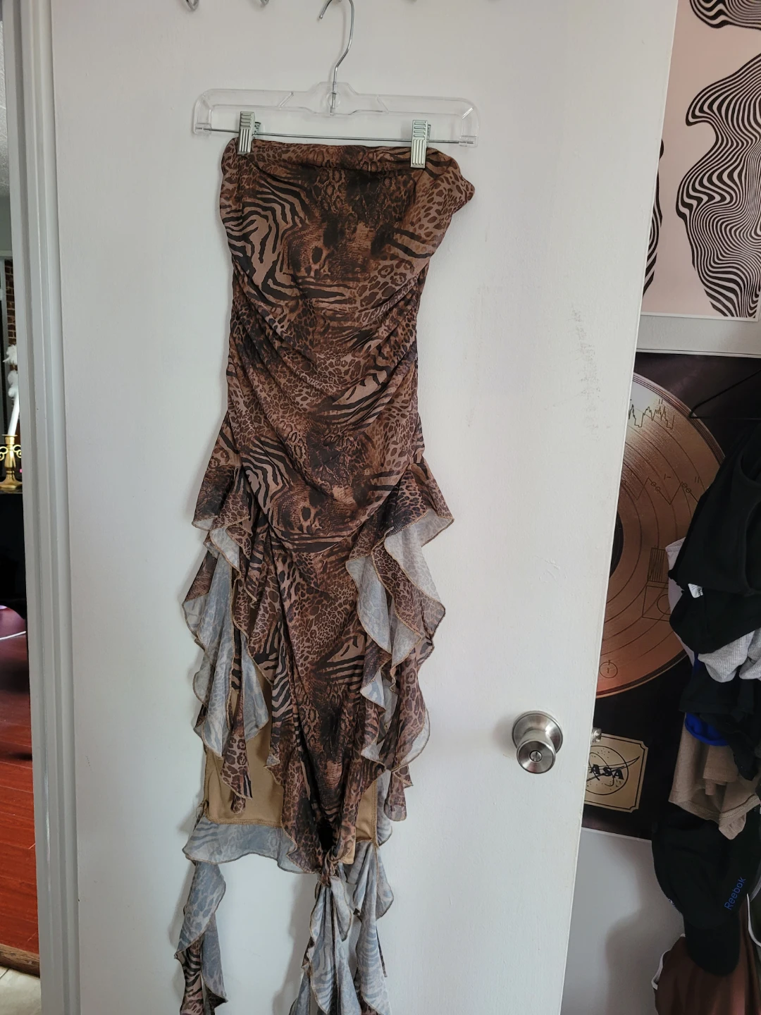 Strapless Ruched Sheer Animal Print Dress