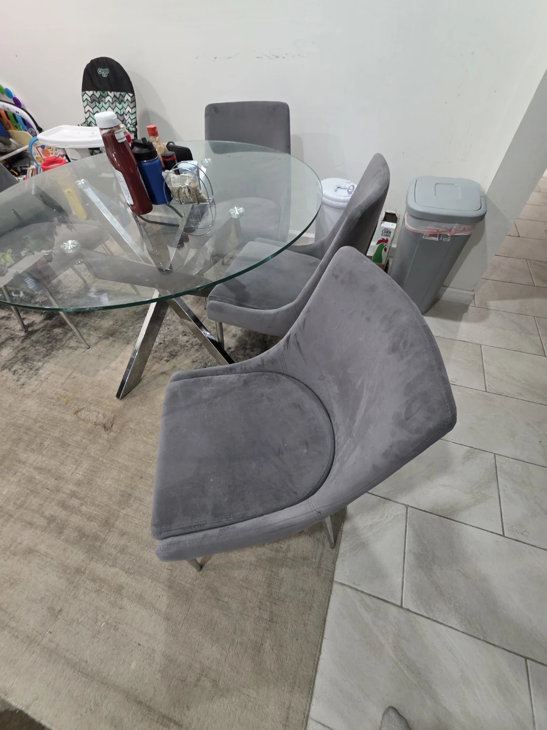 Glass Dining Table with 4 Grey Chairs