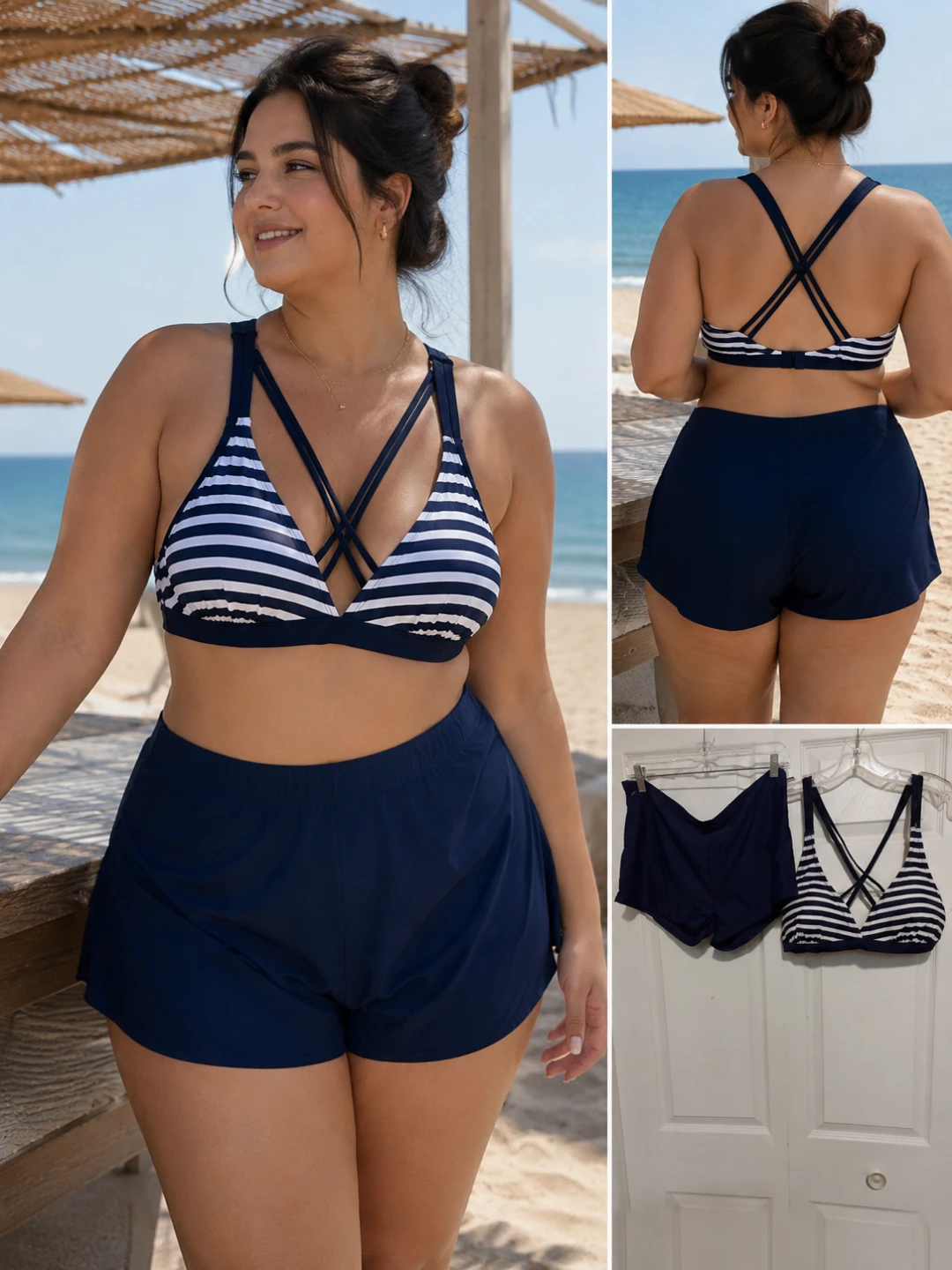 Women's Striped Swimsuit with Navy Blue Shorts