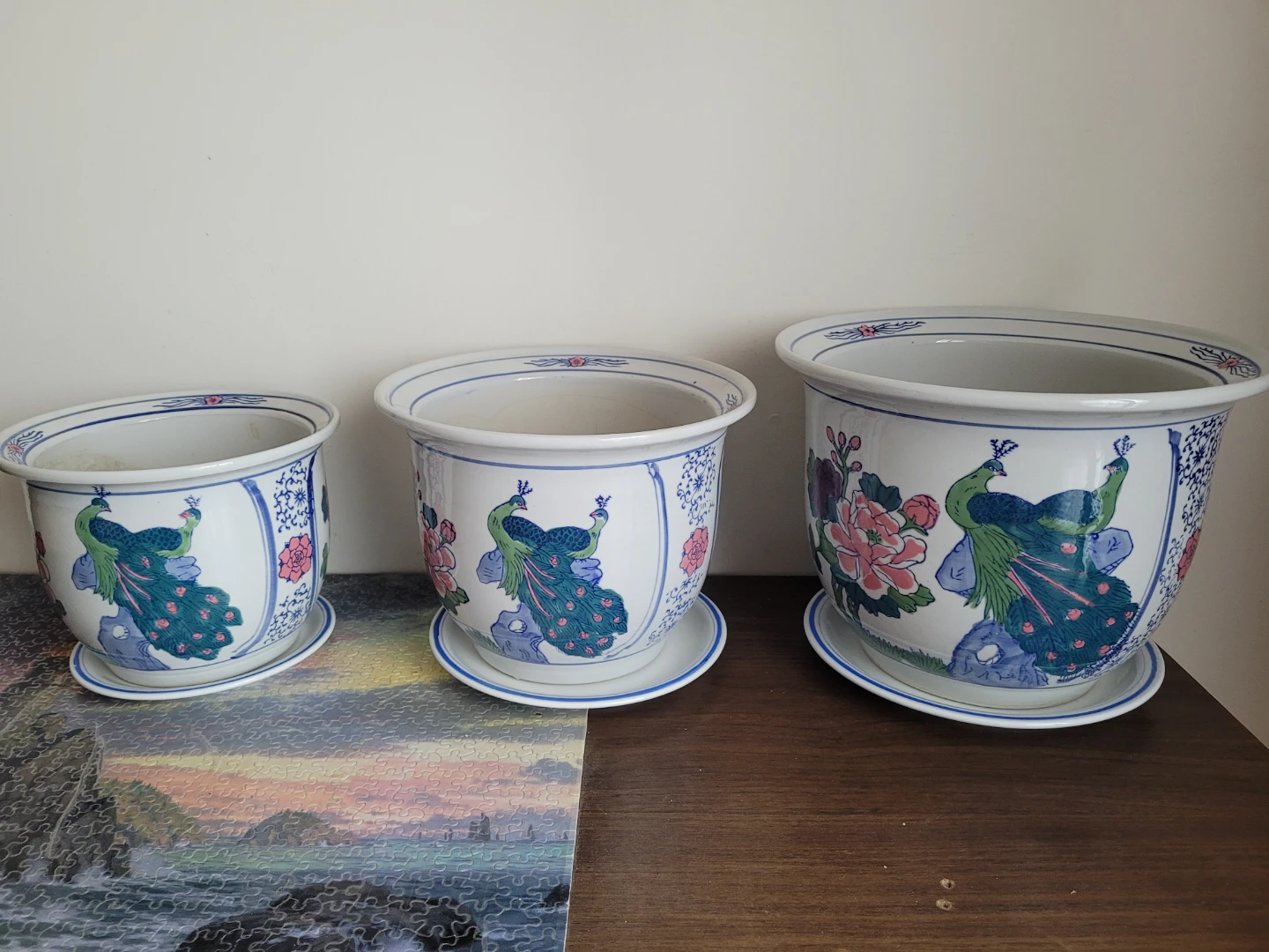 Ceramic Planter Pots with Peacock Design - Set of 3