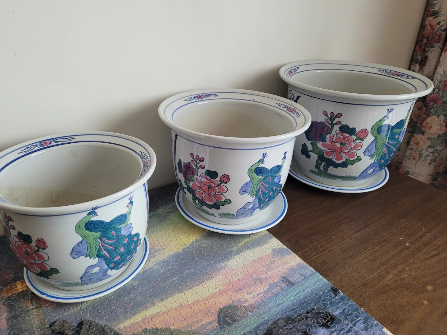 Ceramic Planter Pots with Peacock Design - Set of 3 - photo 2