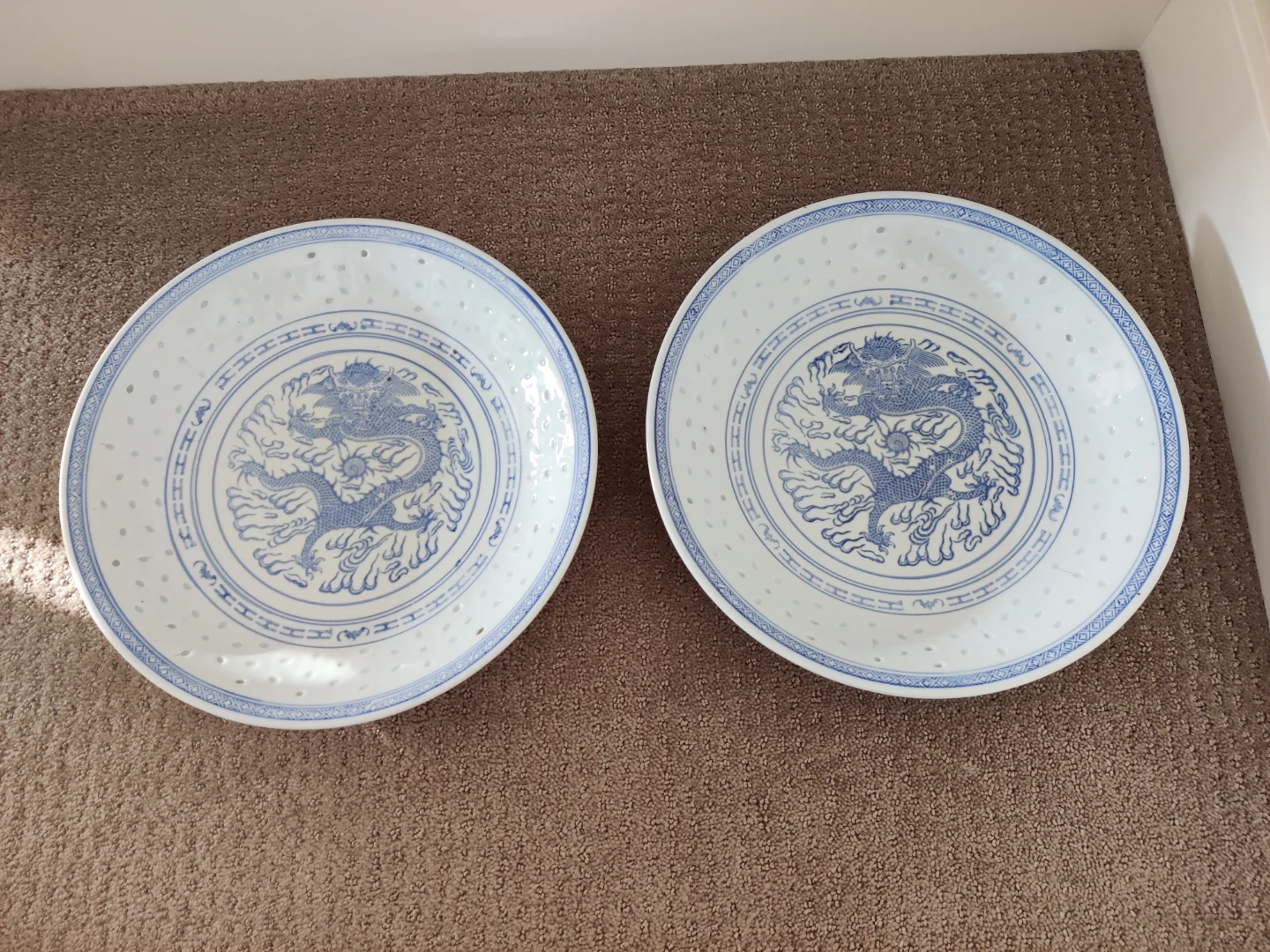 12" Chinese Blue & White Rice Eyes Dragon Tray Plates Marked