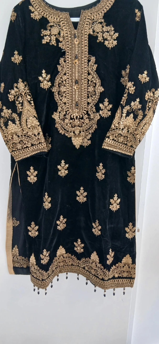 Black Velvet Kurti with Gold Embroidery. Just worn once
