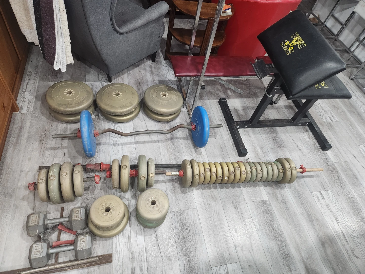 Weight Set with Dumbbells, Barbell, and Bench